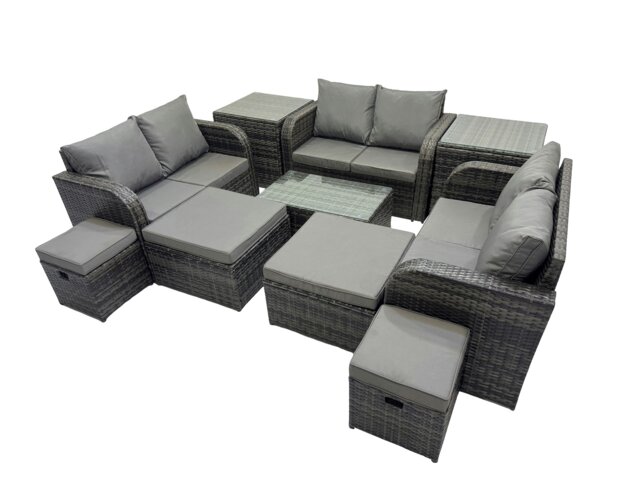 Rackhams Outdoor Love Sofa Coffee Table Set Garden Rattan Furniture Set 10 Seater with 4 Stools 2 Side Tables Dark Grey - image 1