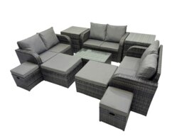 Rackhams Outdoor Love Sofa Coffee Table Set Garden Rattan Furniture Set 10 Seater with 4 Stools 2 Side Tables Dark Grey - thumbnail 1