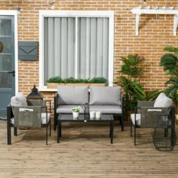 Rackhams 4 Piece Garden Sofa Set w/ Tempered Glass Coffee Table Khaki - thumbnail 1