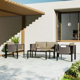 Rackhams 4 Piece Garden Sofa Set w/ Tempered Glass Coffee Table Khaki - Light Grey - Steel, Polyester, Sponge, Texteline, Tempered Glass - thumbnail 2