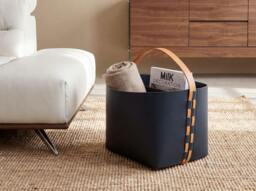 Rackhams Rectangular decorative storage basket in dark blue regenerated leather with handle 3308 - thumbnail 3