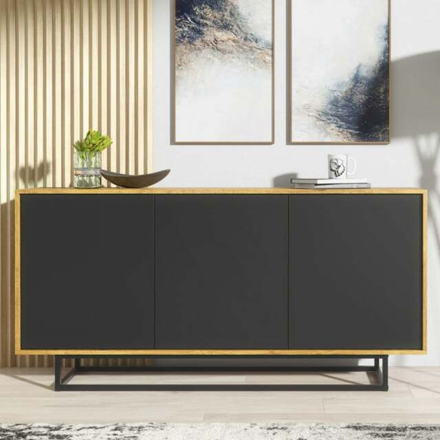 Rackhams Bold 160cm Loft Retro Industrial Sideboard Vintage Oak TV Unit Cabinet Stand - 160 cm - Oak Matt Body & Black Matt Doors -  MDF/Chipboard - image 1