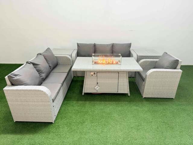 Rackhams 7 Seater Rattan Outdoor Garden Furniture Fire Pit Dining Table Sofa Set 3 Seater Sofa Reclining Chair 3 Seater Sofa 2 Side Table Light Grey - image 1