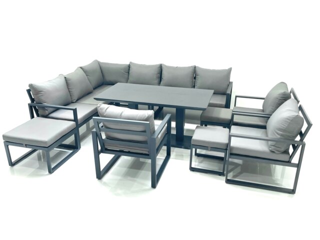 Rackhams Aluminium Outdoor Garden Furniture Set Corner Sofa 3 Chair 3 Footstools Adjustable Rising Lifting Dining Table Sets Dark Grey