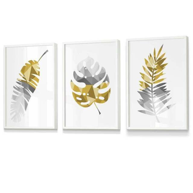 Rackhams Set of 3 Geometric Yellow Grey Tropical Leaves Wall Art Framed / Prints - 50x70cm - White - image 1