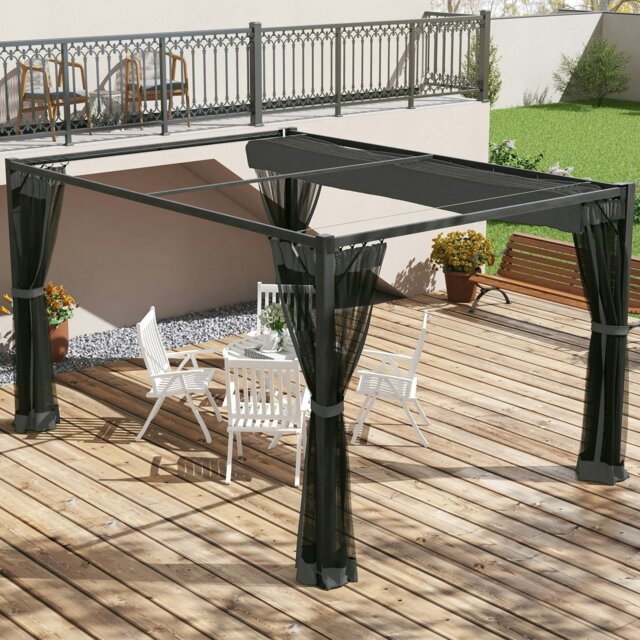 Rackhams 3 x 4m Pergola with Retractable Roof and Netting, Dark Grey - Dark Grey - Aluminium, Metal, Polyester, Nylon - 397L x 297W x 225Hcm - image 1