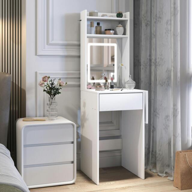 Rackhams Compact Dressing Table with Lighted Mirror Open Shelves Drawer White - White - No - LED adjustable mirror included - image 1