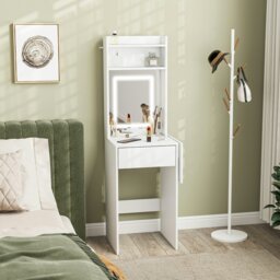 Rackhams Compact Dressing Table with Lighted Mirror Open Shelves Drawer White - White - No - LED adjustable mirror included - thumbnail 3
