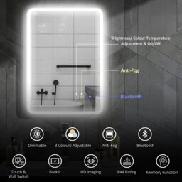 Rackhams 500 x 700 mm Bluetooth Bathroom Mirror with LED Lights Wall Mounted - 80L x 60W x 3.5D cm - thumbnail 4