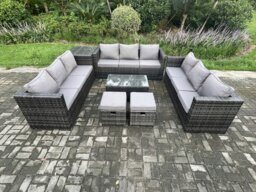 Rackhams Outdoor Lounge Sofa Set Wicker PE Rattan Garden Furniture Set with Oblong Coffee Table Side Table 2 Small Footstools Dark Grey Mixed - thumbnail 2