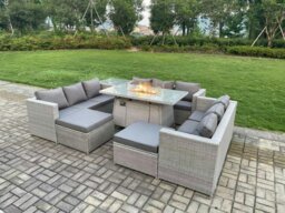 Rackhams Rattan Outdoor Garden Dining Furniture Set with Gas Fire Pit Dining Table, 3 Sofas, 1 Side Table, 2 Footstools - 11 Seater - Light Grey