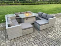 Rackhams Rattan Outdoor Garden Dining Furniture Set with Gas Fire Pit Dining Table, 3 Sofas, 1 Side Table, 2 Footstools - 11 Seater - Light Grey - thumbnail 3