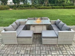 Rackhams Rattan Outdoor Garden Dining Furniture Set with Gas Fire Pit Dining Table, 3 Sofas, 1 Side Table, 2 Footstools - 11 Seater - Light Grey - thumbnail 2