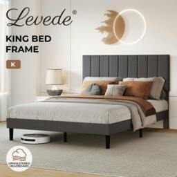 Rackhams King Bed Frame Linen Fabric Upholstered Soft Foam Headboard Wooden Slat - thumbnail 2