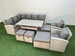 Rackhams 12 Seater Rattan Garden Furniture Set Outdoor Patio Dining Corner Sofa Sets with Dining Table 2 Chairs 4 Footstools Light Grey Mixed - thumbnail 1