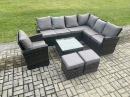 Rackhams 9 Seater Wicker PE Outdoor Garden Furniture Set High Back Rattan Corner Sofa Chair Set with 2 Small Footstools Square Coffee Table - thumbnail 2