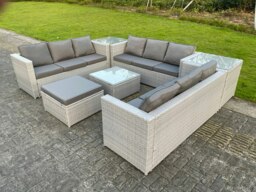 Rackhams Rattan Outdoor Garden Furniture Set with 3 Sofas, Coffee Table, 2 Side Tables, 1 Footstool - 10 Seater - Light Grey - thumbnail 3