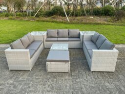 Rackhams Rattan Outdoor Garden Furniture Set with 3 Sofas, Coffee Table, 2 Side Tables, 1 Footstool - 10 Seater - Light Grey - thumbnail 1