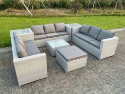 Rackhams Rattan Outdoor Garden Furniture Set with 3 Sofas, Coffee Table, 2 Side Tables, 1 Footstool - 10 Seater - Light Grey - thumbnail 2