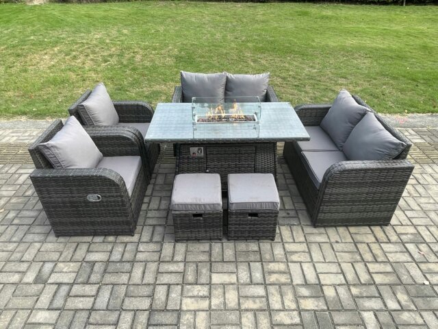Rackhams Rattan Outdoor Garden Furniture Sofa Set Gas Fire Pit Dining Table Gas Heater with Love Sofa 2 Small Footstool 8 Seater Dark Grey Mixed - image 1
