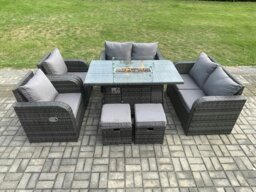 Rackhams Rattan Outdoor Garden Furniture Sofa Set Gas Fire Pit Dining Table Gas Heater with Love Sofa 2 Small Footstool 8 Seater Dark Grey Mixed - thumbnail 2