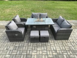 Rackhams Rattan Outdoor Garden Furniture Sofa Set Gas Fire Pit Dining Table Gas Heater with Love Sofa 2 Small Footstool 8 Seater Dark Grey Mixed - thumbnail 1
