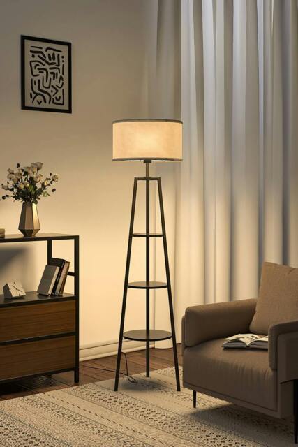 Rackhams Round Shelf Floor Lamp with Fabric Lampshade - Black - One Size - image 1
