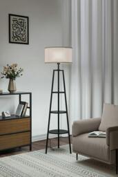 Rackhams Round Shelf Floor Lamp with Fabric Lampshade - Black - One Size - thumbnail 2