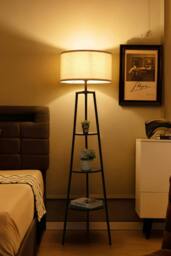 Rackhams Round Shelf Floor Lamp with Fabric Lampshade - Black - One Size - thumbnail 3