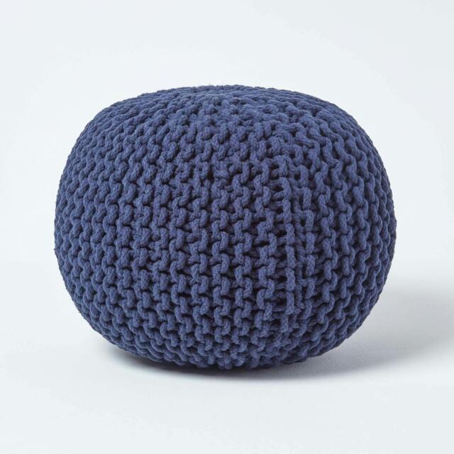 Rackhams Round Cotton Knitted Pouffe Footstool Bean Filled Hand Knitted - Navy Blue - image 1
