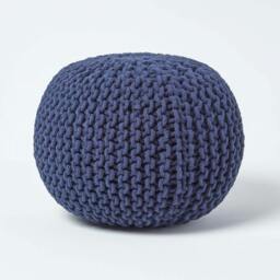Rackhams Round Cotton Knitted Pouffe Footstool Bean Filled Hand Knitted - Navy Blue - thumbnail 1