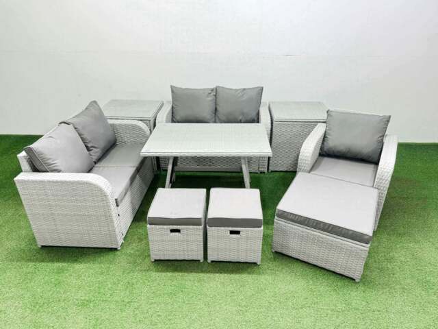 Rackhams 8 Seater Outdoor Rattan Garden Furniture Set Love Sofa Reclining Chair Set with Rectangular Dining Table 2 Side Tables 3 Footstools Light Grey - image 1