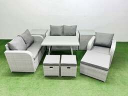 Rackhams 8 Seater Outdoor Rattan Garden Furniture Set Love Sofa Reclining Chair Set with Rectangular Dining Table 2 Side Tables 3 Footstools Light Grey - thumbnail 1