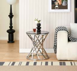 Rackhams Round Metal Lamp Or Side Table With Tinted Glass Tempered Top Living Room - Silver