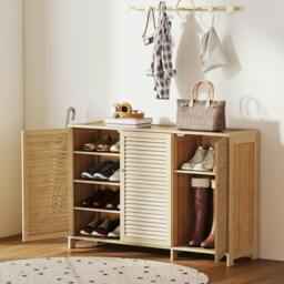 Rackhams Bamboo Shoe Cabinet with Louvered Doors Shoe Storage Cabinet - 120 x 35 x 80 cm - Natural wood finish - Natural bamboo