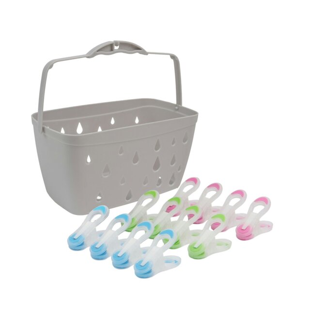 Rackhams Plastic Peg Basket, Grey with 36 Prism Soft Touch Mini Plastic Pegs, Multi - image 1