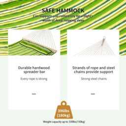 Rackhams Hammock Outdoor Garden Camping Hanging Swing Portable Travel Green - 284cm x 140cm - Green stripe - Alloy Steel - thumbnail 4