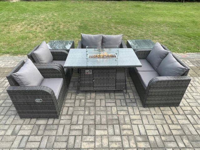 Rackhams 6 Seater Rattan Garden Furniture Set Propane Gas Fire Pit Table and Sofa Chair set with 2 Side Tables - image 1
