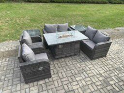 Rackhams 6 Seater Rattan Garden Furniture Set Propane Gas Fire Pit Table and Sofa Chair set with 2 Side Tables - thumbnail 2