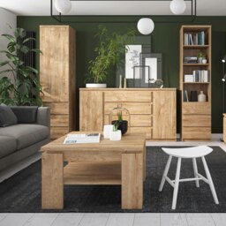 Rackhams Fribo Tall narrow 1 door 3 drawer glazed display cabinet in Oak - Full Assembly Required - Oak - Matt - thumbnail 3