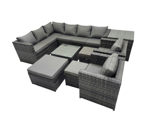 Rackhams Rattan Garden Furniture Patio Furniture Sets with Corner Sofa Square Coffee Table 3 Footstools Side Table Dark Grey Mixed - image 1