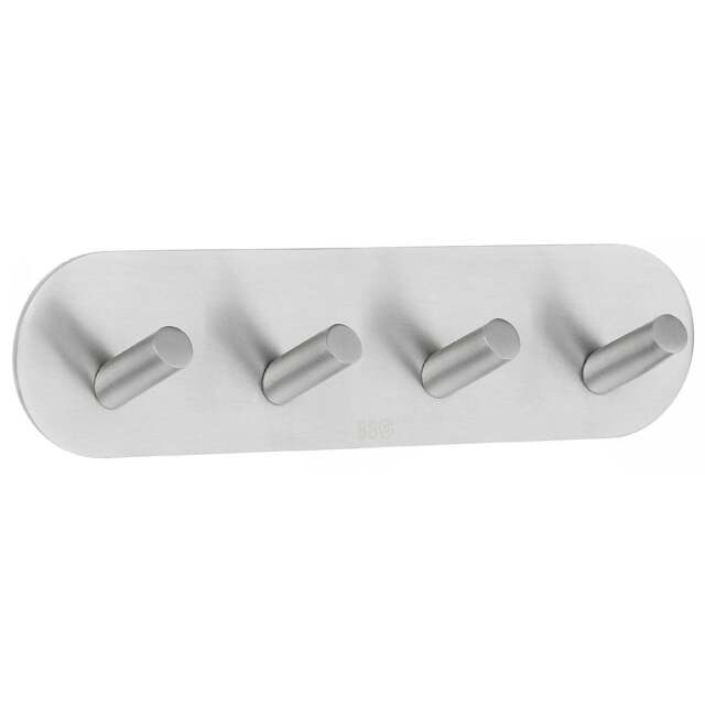 Rackhams Brushed Stainless Steel Quadruple Towel Hook (192 x 48mm) Self Adhesive Bathroom Wall Mounted - image 1
