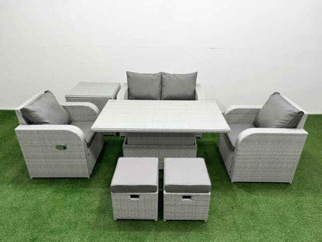 Rackhams 6-Seater Light Grey PE Rattan Sofa Set - Outdoor/Indoor Reclining Chair, Adjustable Coffee/Dining Table, 2 Footstools, Side Table - image 1