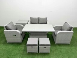 Rackhams 6-Seater Light Grey PE Rattan Sofa Set - Outdoor/Indoor Reclining Chair, Adjustable Coffee/Dining Table, 2 Footstools, Side Table - thumbnail 1