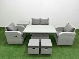 Rackhams 6-Seater Light Grey PE Rattan Sofa Set - Outdoor/Indoor Reclining Chair, Adjustable Coffee/Dining Table, 2 Footstools, Side Table - thumbnail 2