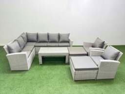 Rackhams Rattan Garden Furniture Set Outdoor 10 Seater Corner Sofa Sets with Oblong Coffee Table Chair Big Footstools Light Grey Mixed - thumbnail 2