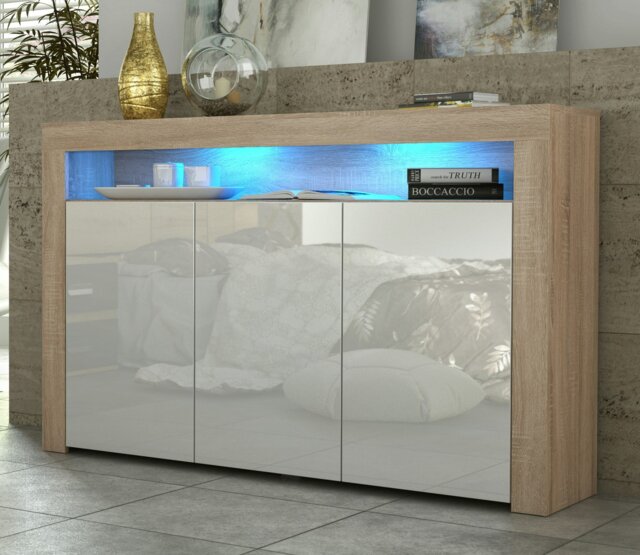 Rackhams 155cm Sideboard TV Stand Cupboard Cabinet - White High Gloss Doors & Free LED - 155cm - Oak Matt Body & White Gloss Doors - 1 - image 1