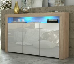 Rackhams 155cm Sideboard TV Stand Cupboard Cabinet - White High Gloss Doors & Free LED - 155cm  - Oak Matt Body & White Gloss Doors - 1 - thumbnail 1