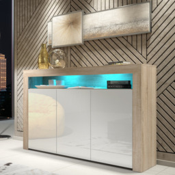 Rackhams 155cm Sideboard TV Stand Cupboard Cabinet - White High Gloss Doors & Free LED - 155cm  - Oak Matt Body & White Gloss Doors - 1 - thumbnail 2