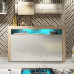 Rackhams 155cm Sideboard TV Stand Cupboard Cabinet - White High Gloss Doors & Free LED - 155cm  - Oak Matt Body & White Gloss Doors - 1 - thumbnail 3